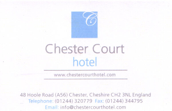 Chester Court Hotel Business Card. Click here to Book Online